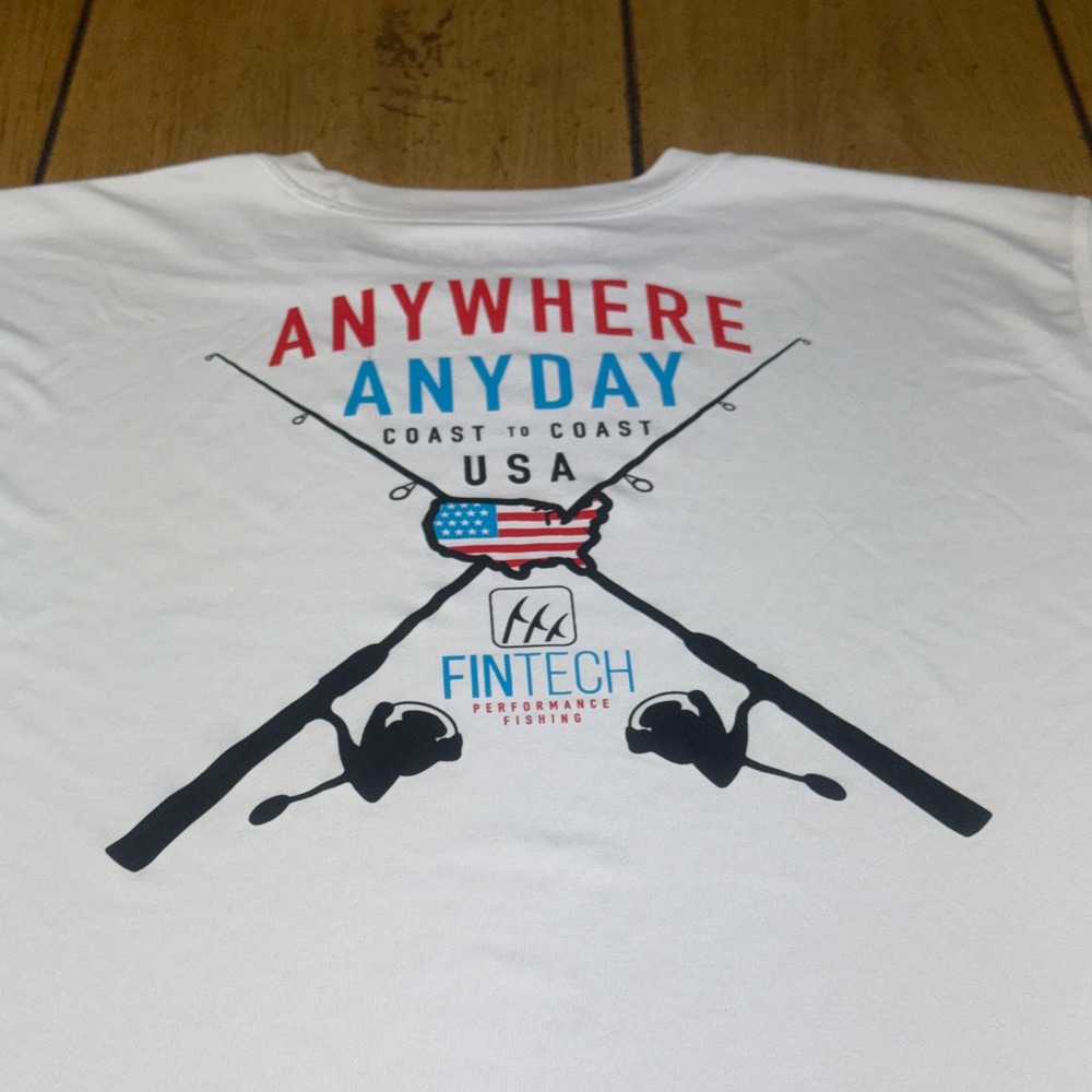 Fintech Performance Fishing Shirt Mens Small White Graphic Tee Anywhere Anyday
